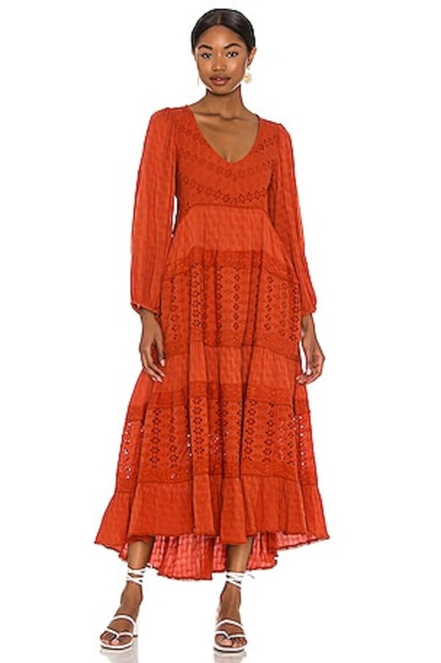Free People Mockingbird Eyelet Tiered Maxi Dress in Rust, Peasant Cottagecore, M